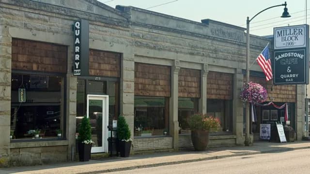 The Sandstone Cafe and Quarry Bar storefront on Sussex Avenue in Tenino, Washington